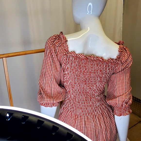 MAX STUDIO Red Smoking Gingham Peplum Off shoulder blouse 3/4 sleeves Size S/M - Picture 13 of 13